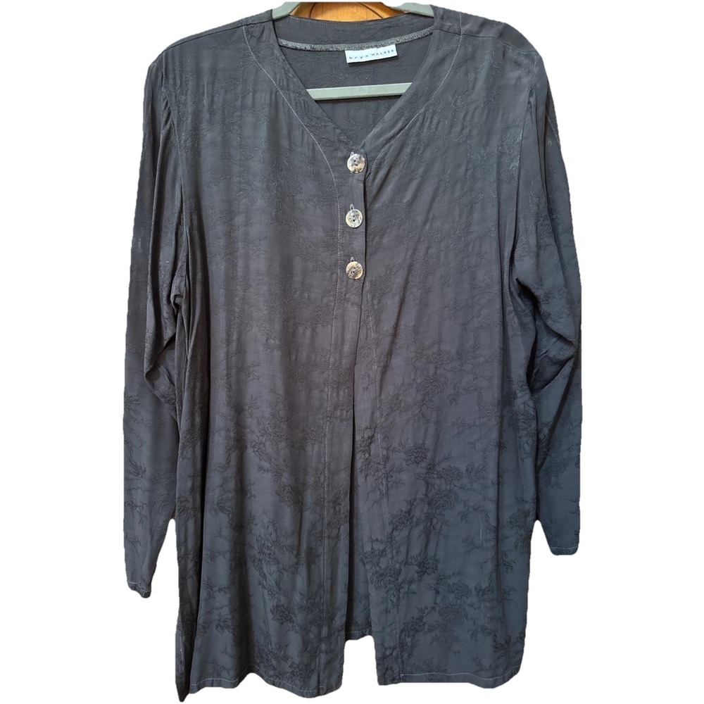 Bryn Walker Charcoal Gray Floral Jacquard Rayon Tunic Top Lagenlook V-Neck USA
